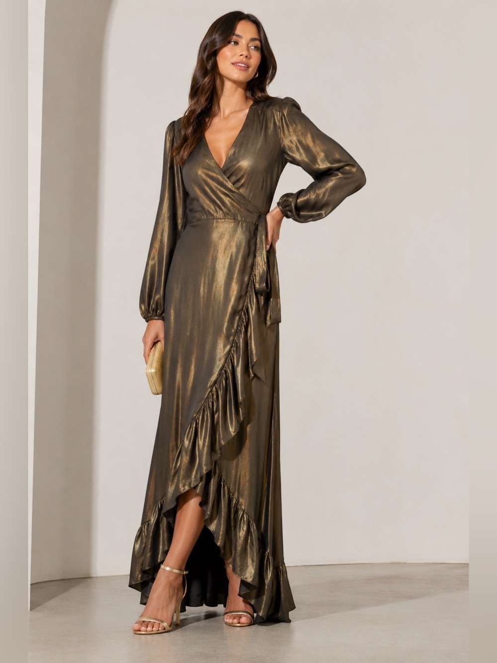 Wayf Metallic Antique Bronze Wrap High-Low Maxi Dress Size XL Wedding Formal